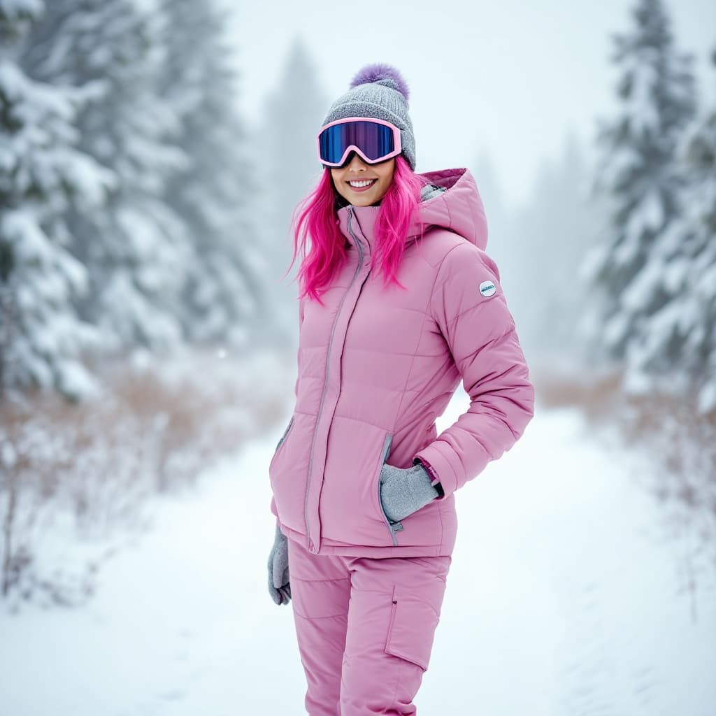 AI generated: Winter scene with a woman in a pink insulated jacket and snow pants, gray gloves, and beanie, standi...
