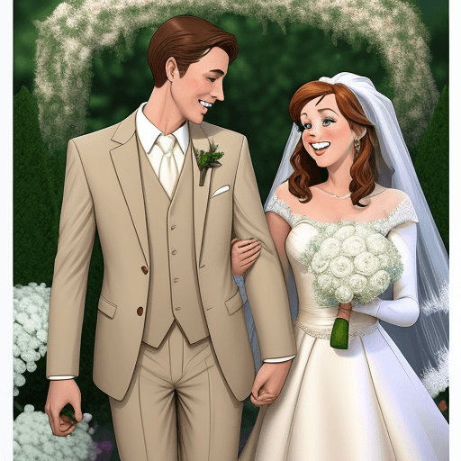 AI generated: Design a Disney-inspired poster for "Joyful Wedding." The groom is dressed in a light brown suit, wh...