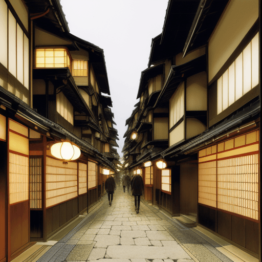 AI generated: kyoto, walking tour japan, in the style of hinchel, villagecore, manga-influenced, spiritual resonan...