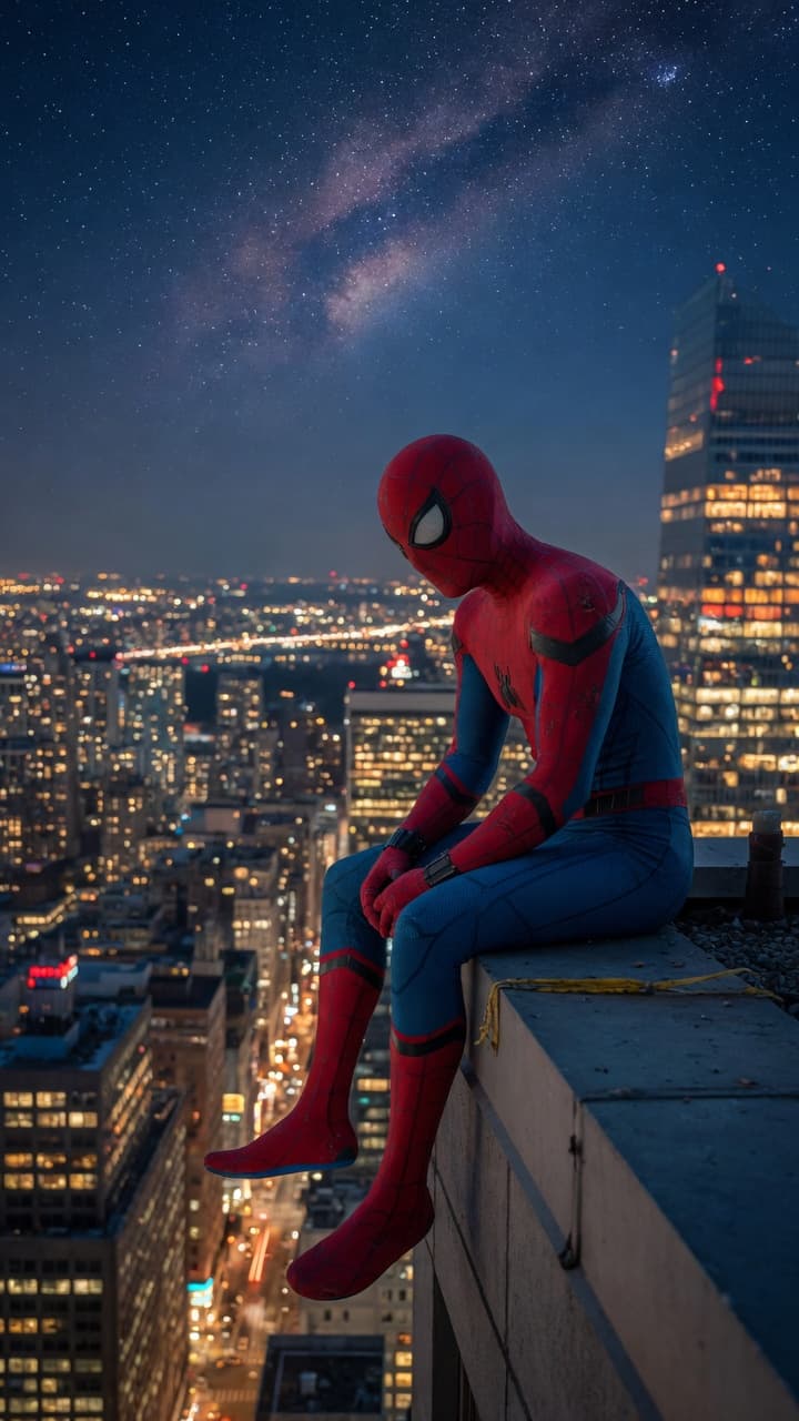 AI generated: Ultra-realistic cinematic photograph of Spider-Man sitting pensively on the edge of a high-rise buil...