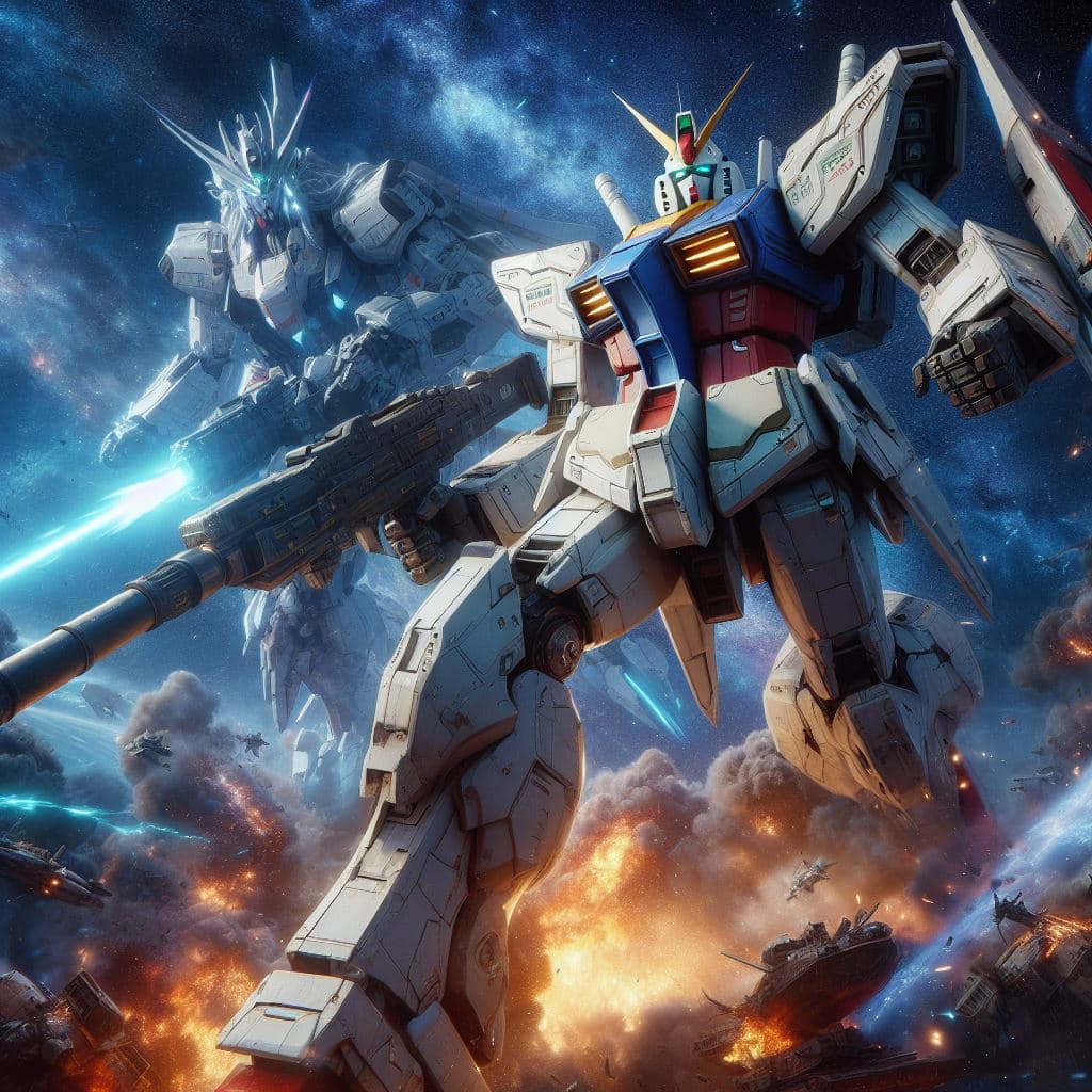 AI generated: Un Gundam Unicorn luchando contra un Zeon Zaku II en una batalla espacial épica, listo para la batal...