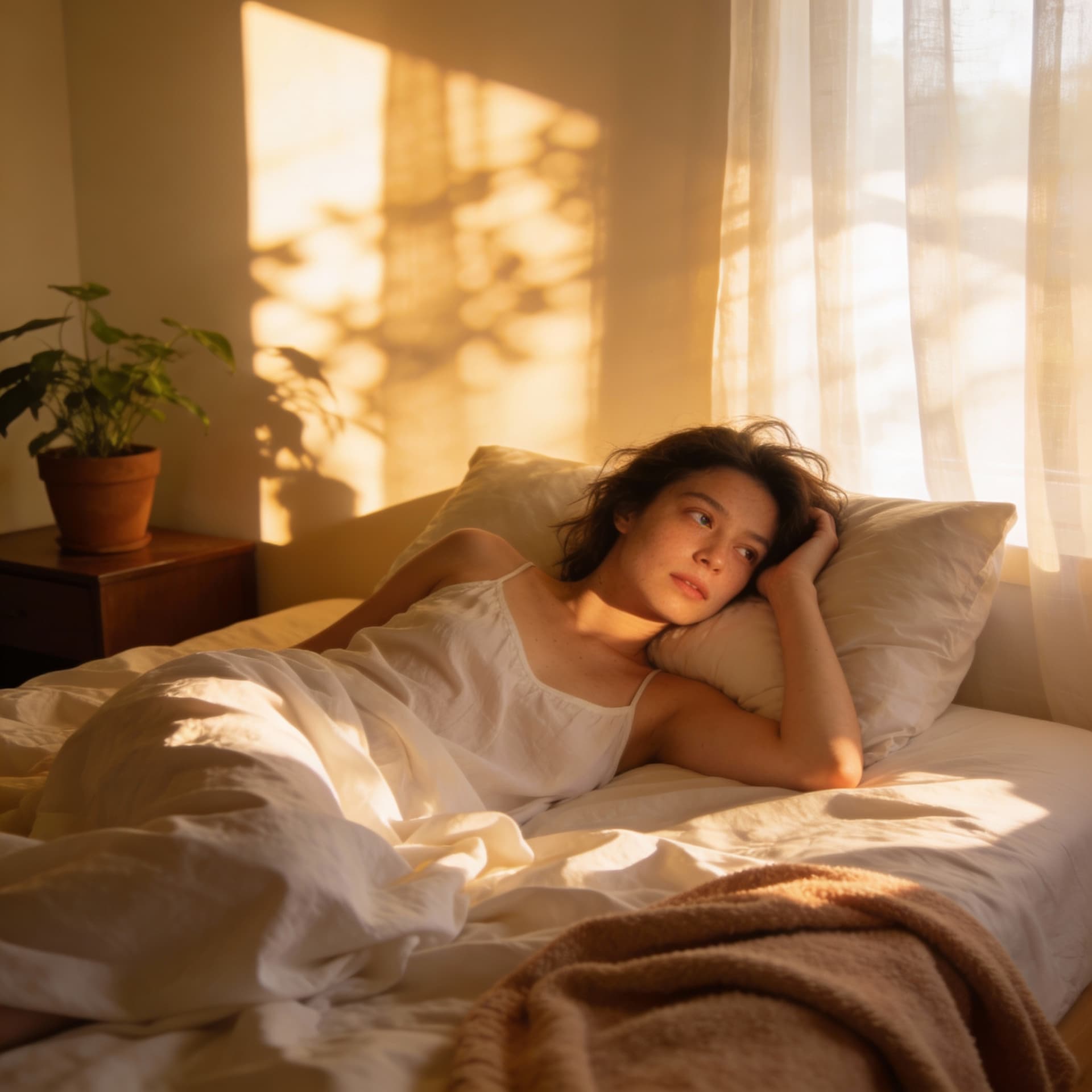 AI generated: Female in loose camisole waking up in a light filled room