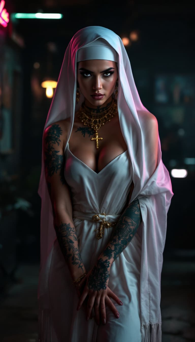 AI generated: Full body view of a Rashmika mandhana tattooed nun with a modern twist. She wears traditional nun at...
