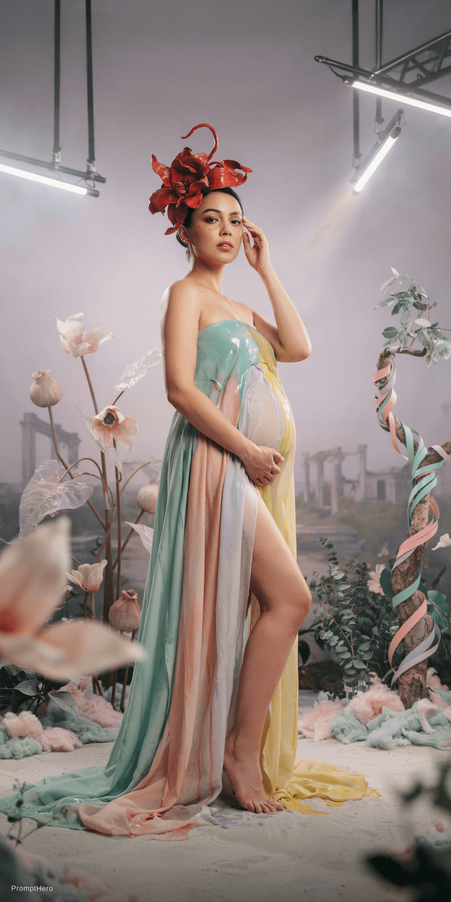 AI generated: editorial photoshoot of a pregnant woman in a pastel dream , colors flowing from her face wild fashi...