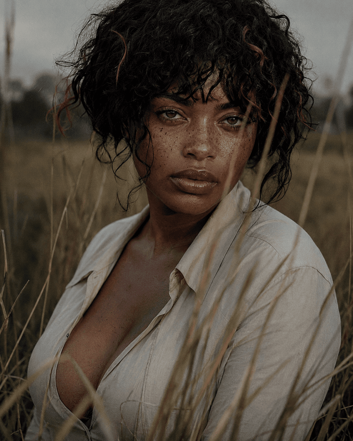 AI generated: portrait in a quiet field, subject facing the camera directly with a calm serious expression, steady...