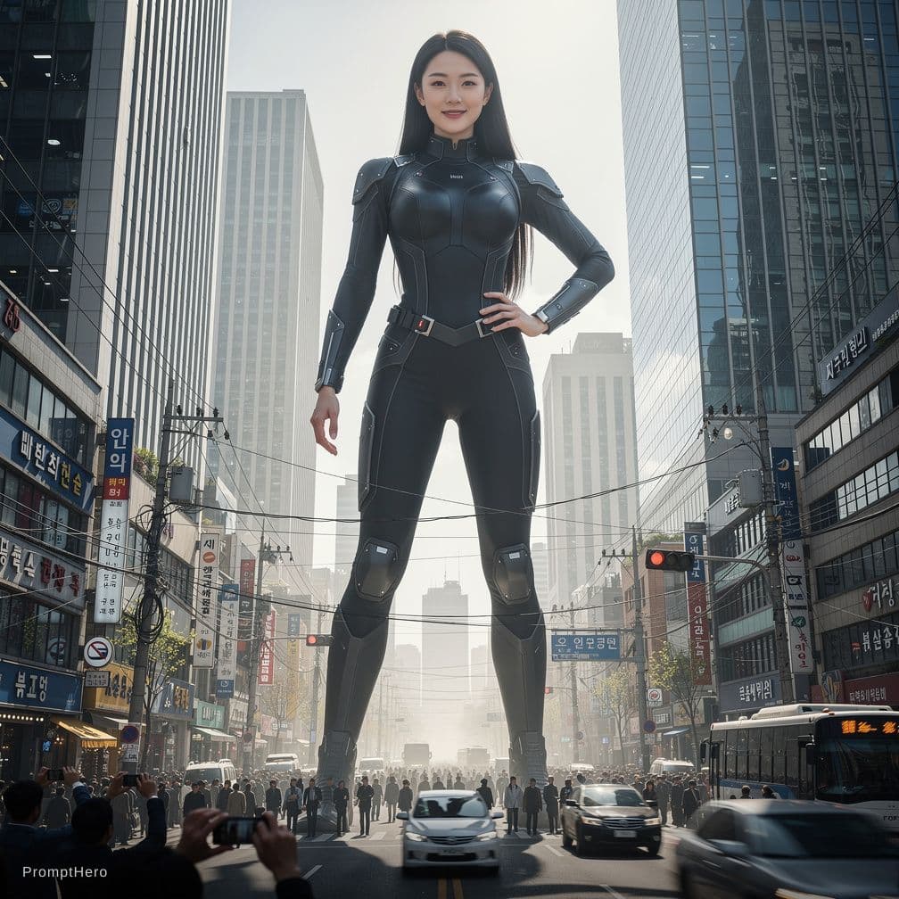 AI generated: A colossal giantess suddenly appearing as the "Street Giant" on a bustling modern city street in Seo...