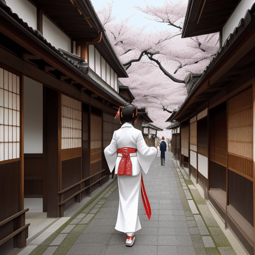 AI generated:  in a white kimono,walking through the streets of kyoto, cherry blossom in the air, holding a katana...