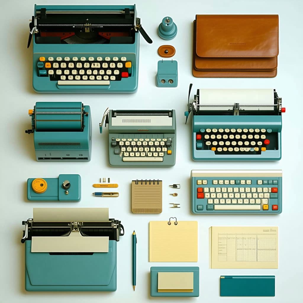 AI generated: a flat lay photography of vintage office worker equipment :: Wes Anderson color palette, studio ligh...