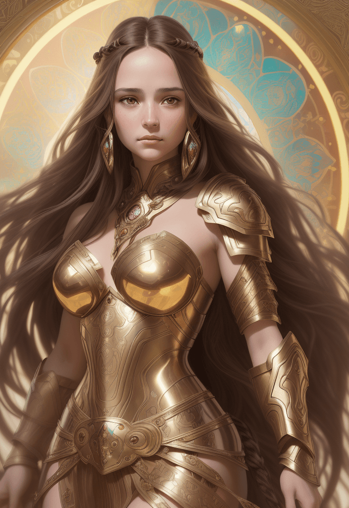 AI generated: beautiful female warrior, long brown hair, Big Forehead, Oval Face, Big Brown Eyes, shimmering jewel...