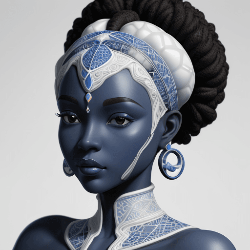 AI generated: an ebony woman made out of porcelain, in the style of balanced symmetry, white and blue, detailed fa...