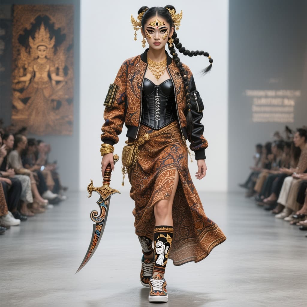 AI generated: oung Japanese woman,  confidently walks the catwalk at a fashion show in a full-body character desig...