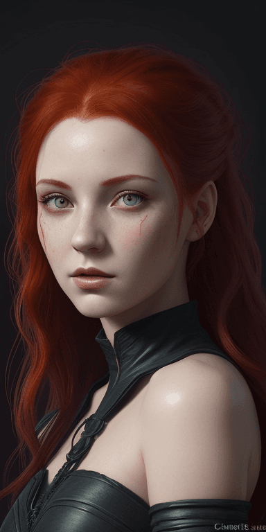 AI generated: A woman with Red hair and Luminous eyes looks at the camera, Beautiful picture of the character, cha...