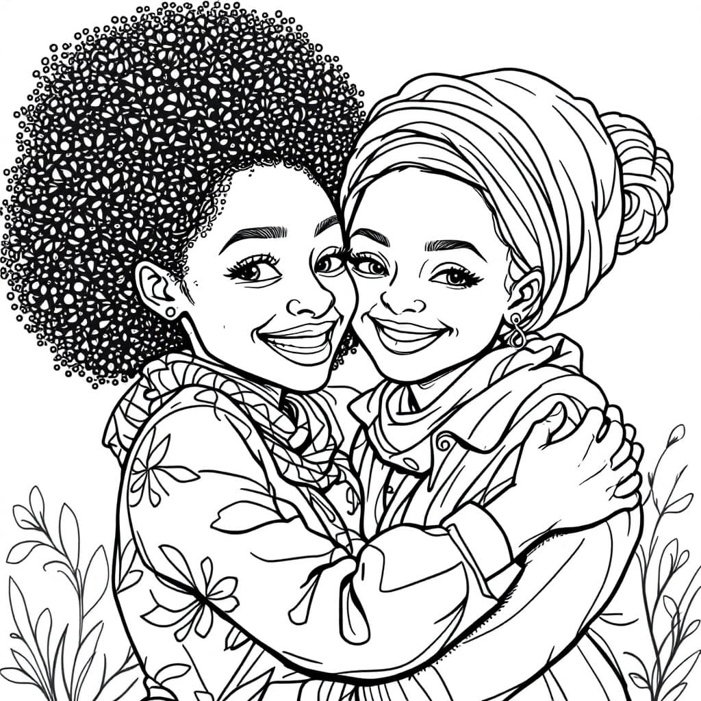 AI generated: create a coloring page image of an african american girl and her mother smiling and hugging