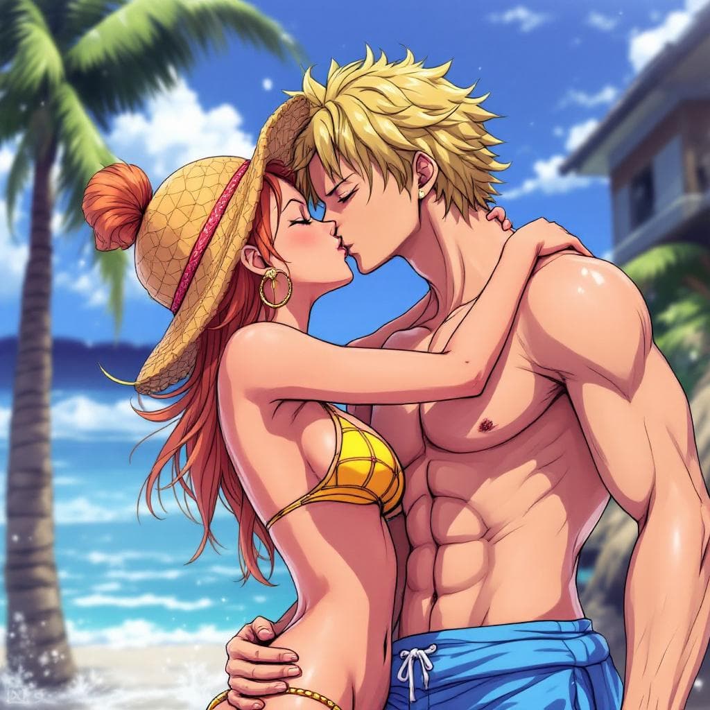 AI generated: Nami Nami from One Piece in bikini kissing Sabo from One Piece wearing swimsuit