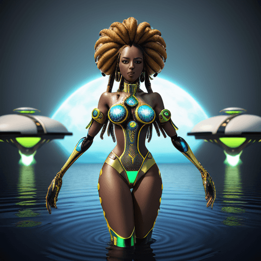 AI generated: commercial photo of a afrofuturistic rastafarian melanin empress standing in water near a UFO, in th...
