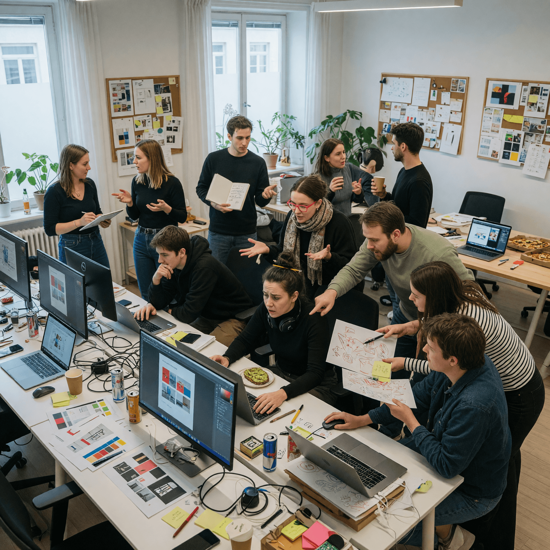 AI generated: A hyper-realistic modern creative agency office during a deadline. One experienced designer sits at ...