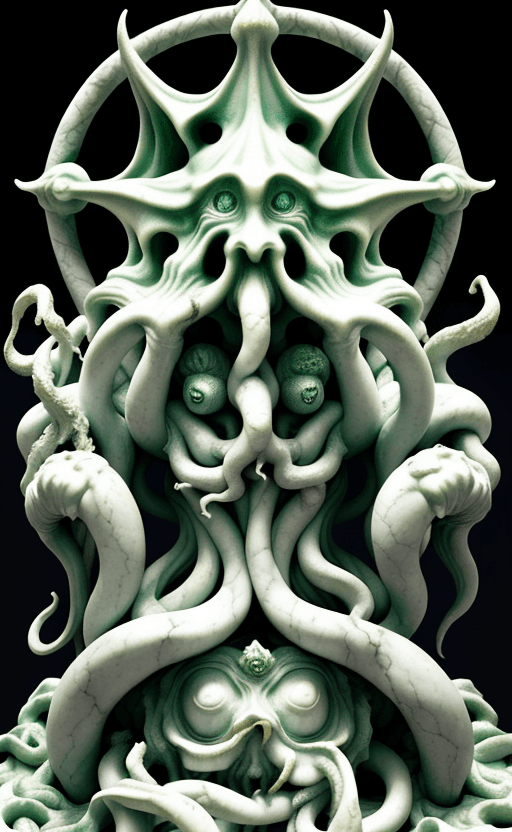 AI generated: Marble statue of Cthulhu, by Hieronim Bosch, detailed face, hyper realistic, central, symmetrical.