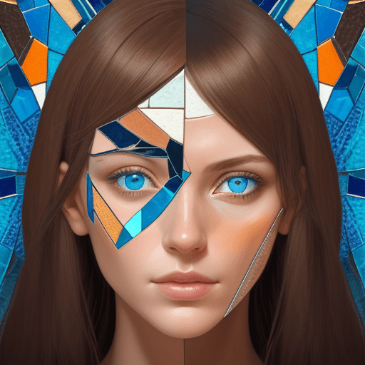 AI generated: A close-up portrait of a woman's face in a mosaic collage style. The woman is facing forward symmetr...