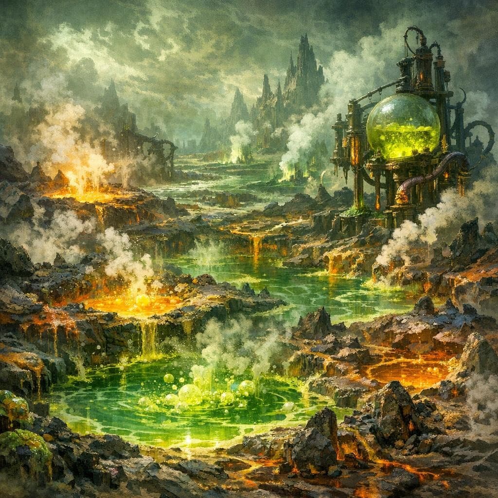 AI generated: Create a unique environment/Biome of a Chemicals → The Alchemical Basin (acid pools, reactive terrai...