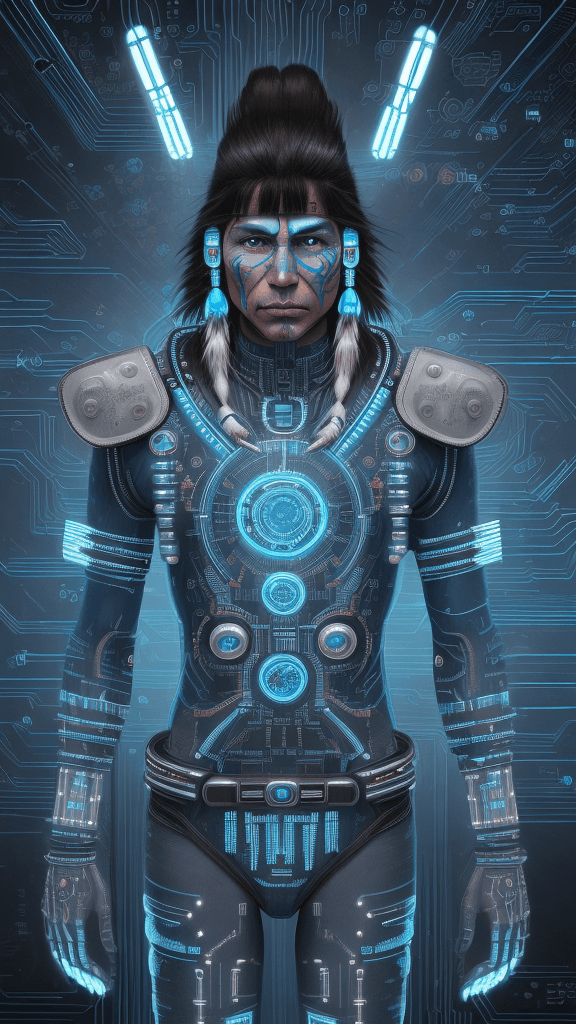 AI generated: a photo of an electronic cowboy ( Native American ) (plains cree) with real human eyes, electronic c...