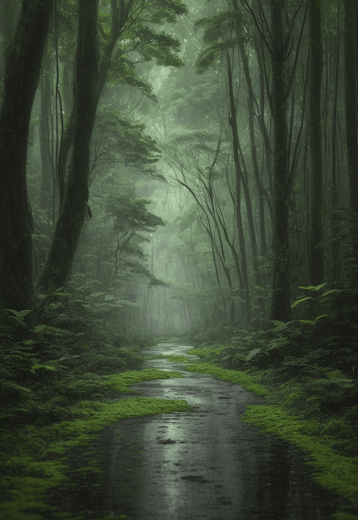 AI generated: A beautiful forest with tall trees and lush foliage, gentle rain falling on the leaves and forest fl...