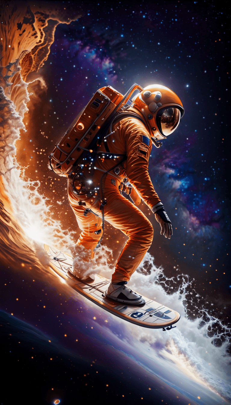 AI generated: The image features a man in an orange space suit riding a surfboard on an orange color wave. The man...