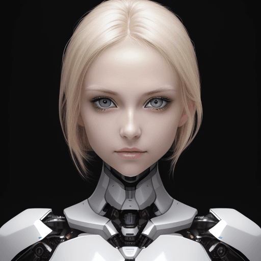 AI generated: A photo of an attractive blonde woman looking straight to camera with visible robotic elements in he...