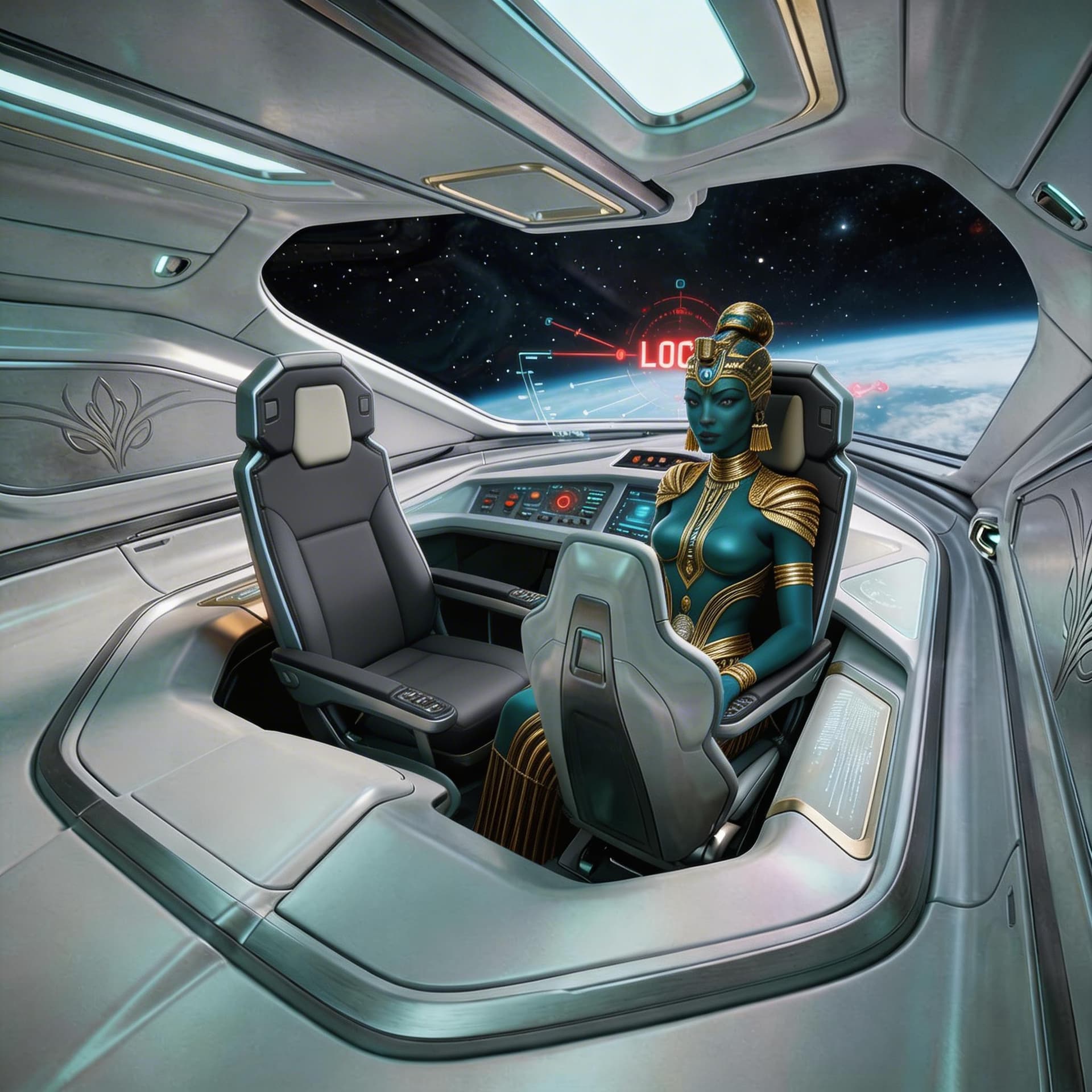 AI generated: Place the character in the right pilot seat, not the left. Switch the seats.