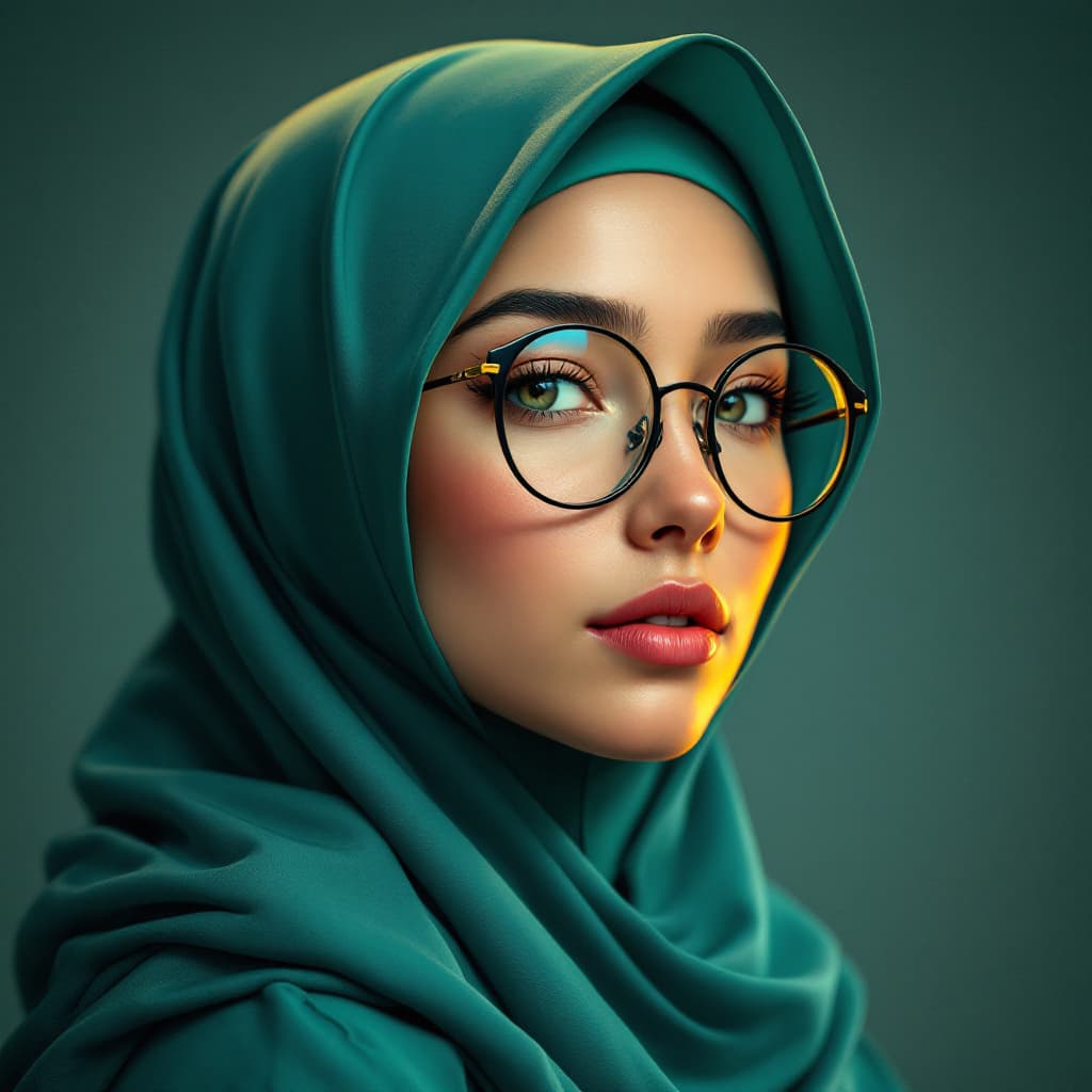 AI generated: a moslem women wearing full hijab and glasses, in the style of otherworldly illustrations, realistic...
