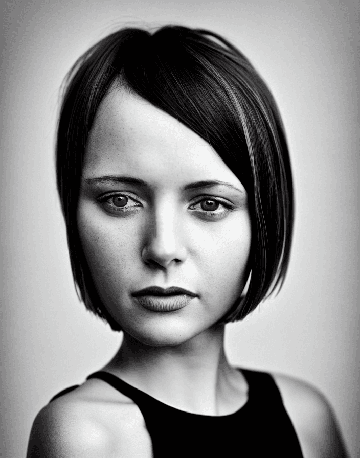 AI generated: Photographic portrait of women, short hair, front photo, black and white photos, high quality, many ...