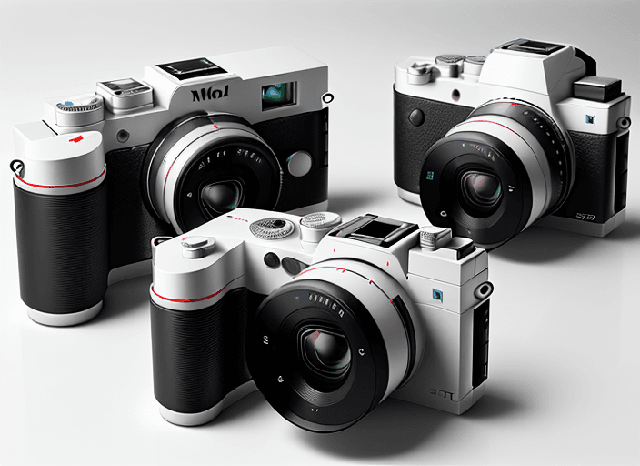 AI generated: Three slim mirrorless digital cameras, arranged in a line on a white surface, front view, front elev...