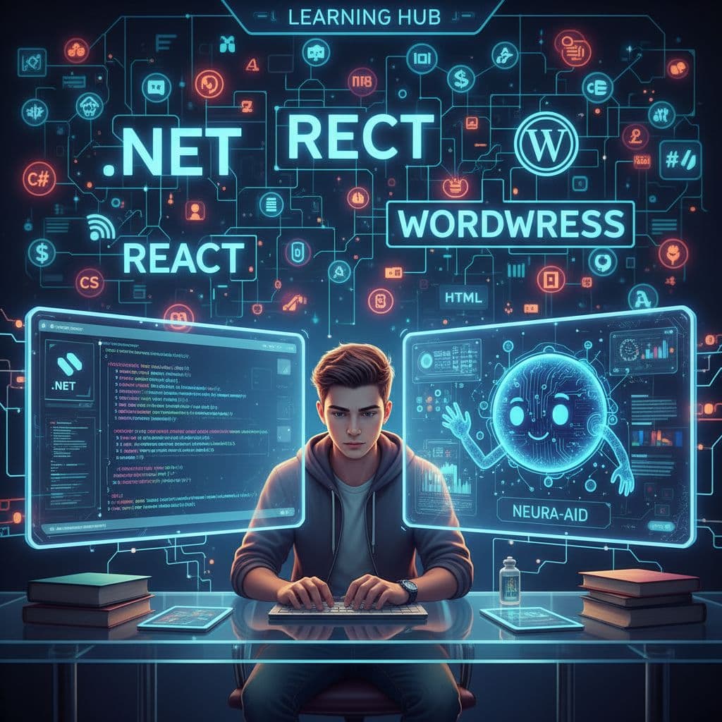 AI generated: A student at a desk with code on one screen and a futuristic AI assistant on the other, background f...