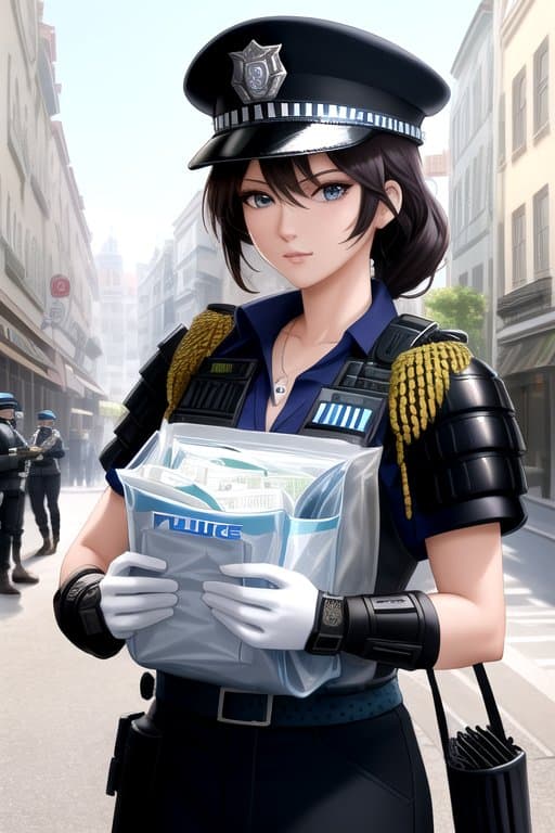 AI generated: (the collector carries a bag of money:1.2), (the bank and the street in the background:1.3), (police...