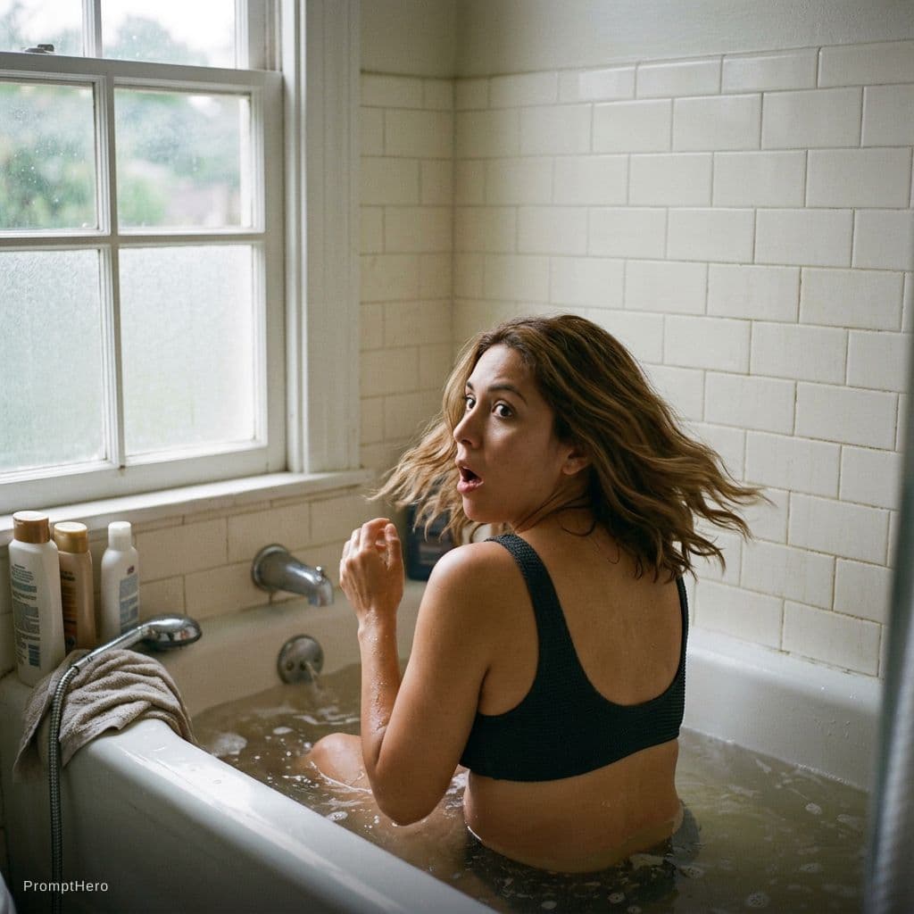 AI generated: busty woman latina DDD-Size, detailed realistic photo featuring a woman in a bathtub, facing away fr...