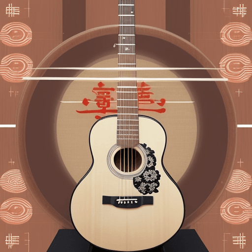 AI generated: Acoustic guitar with kanji characters: "Generate an image of a beautiful acoustic guitar with Japane...