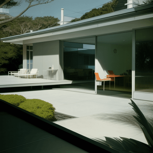 AI generated: Hyper realistic eye level exterior photo of a mid century modern style house overlooking the ocean, ...