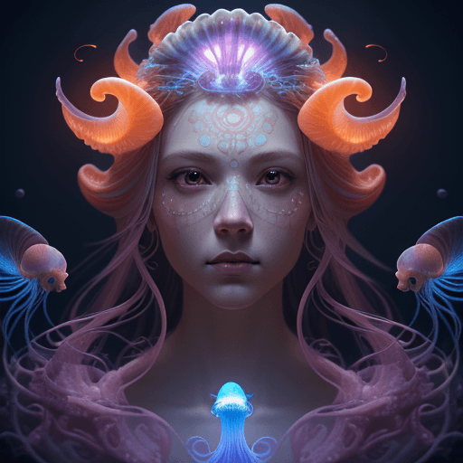 AI generated: Goddess close-up portrait ribcagel. jellyfish phoenix head, nautilus, orchid, skull, betta fish, bio...
