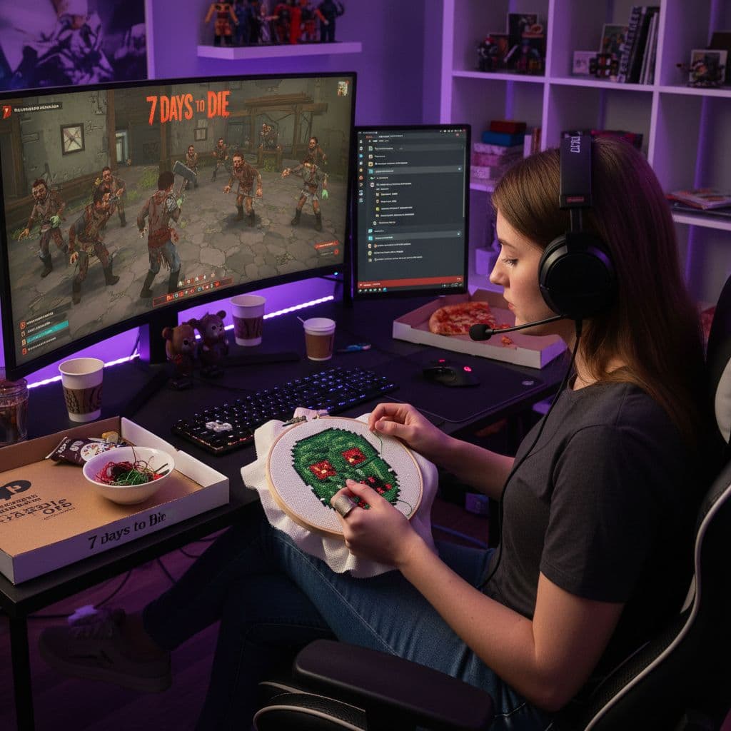 AI generated: girl are making embroidery project while playing 7 days to die