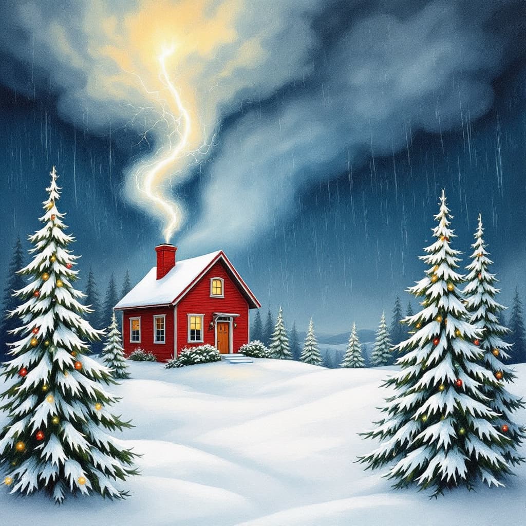 AI generated: a red house with a chimney and trees in the snow with a Stormy clouds, lightning, tornado, rain stor...