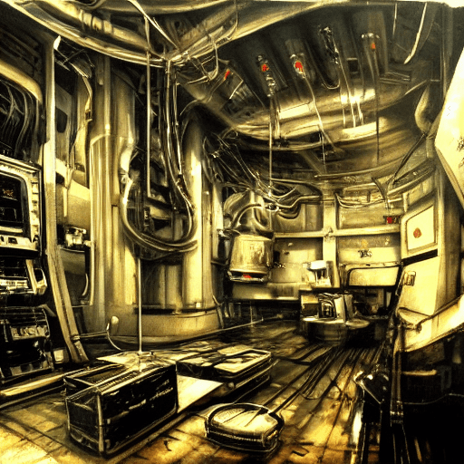 AI generated: scifi laboratory, metal cables everywhere, generator room, gloomy, style of H.R. Giger, style of Phi...