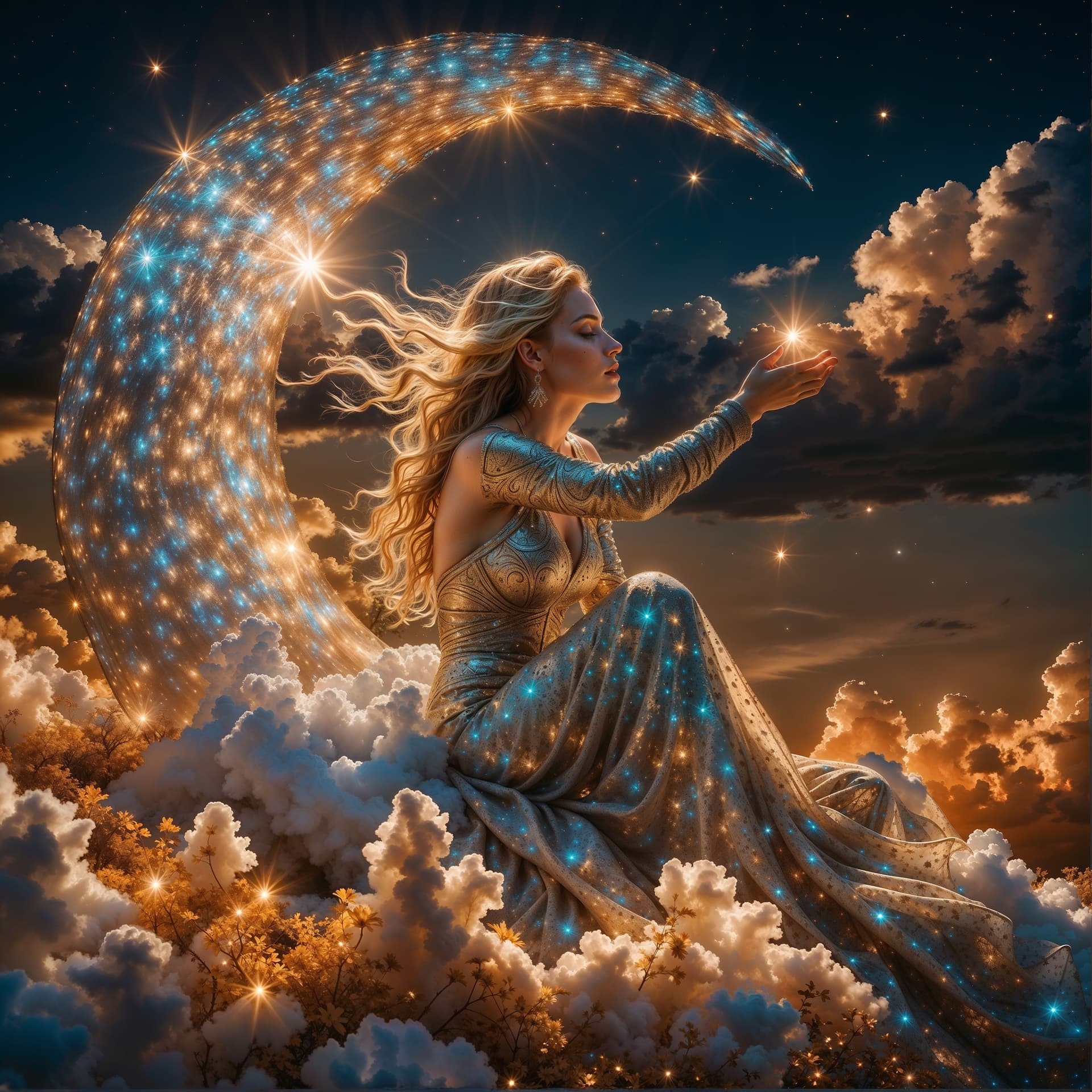 AI generated: A luminous ethereal mythical woman, her flowing golden locks cascading down her shoulders, gracefull...