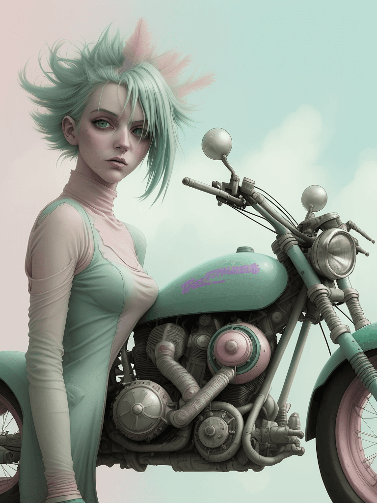 AI generated: Woman with pastel green hair on pale pink motorcycle,dieselpunk, biopunk, dreampunk, fractal art, su...
