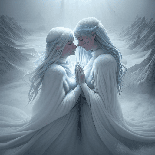 AI generated: Cosy mystery genre meets high fantasy in a top view depiction of Cold and Blizzard personified as tw...