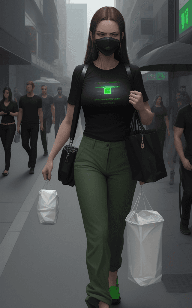 AI generated: The image features a  woman wearing a black shirt and 
green pants, walking down a street while carr...