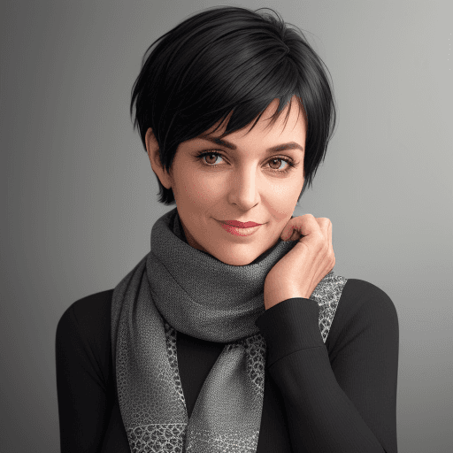 AI generated: A woman wearing a black top and a gray-toned patterned scarf is looking at the camera with her chin ...