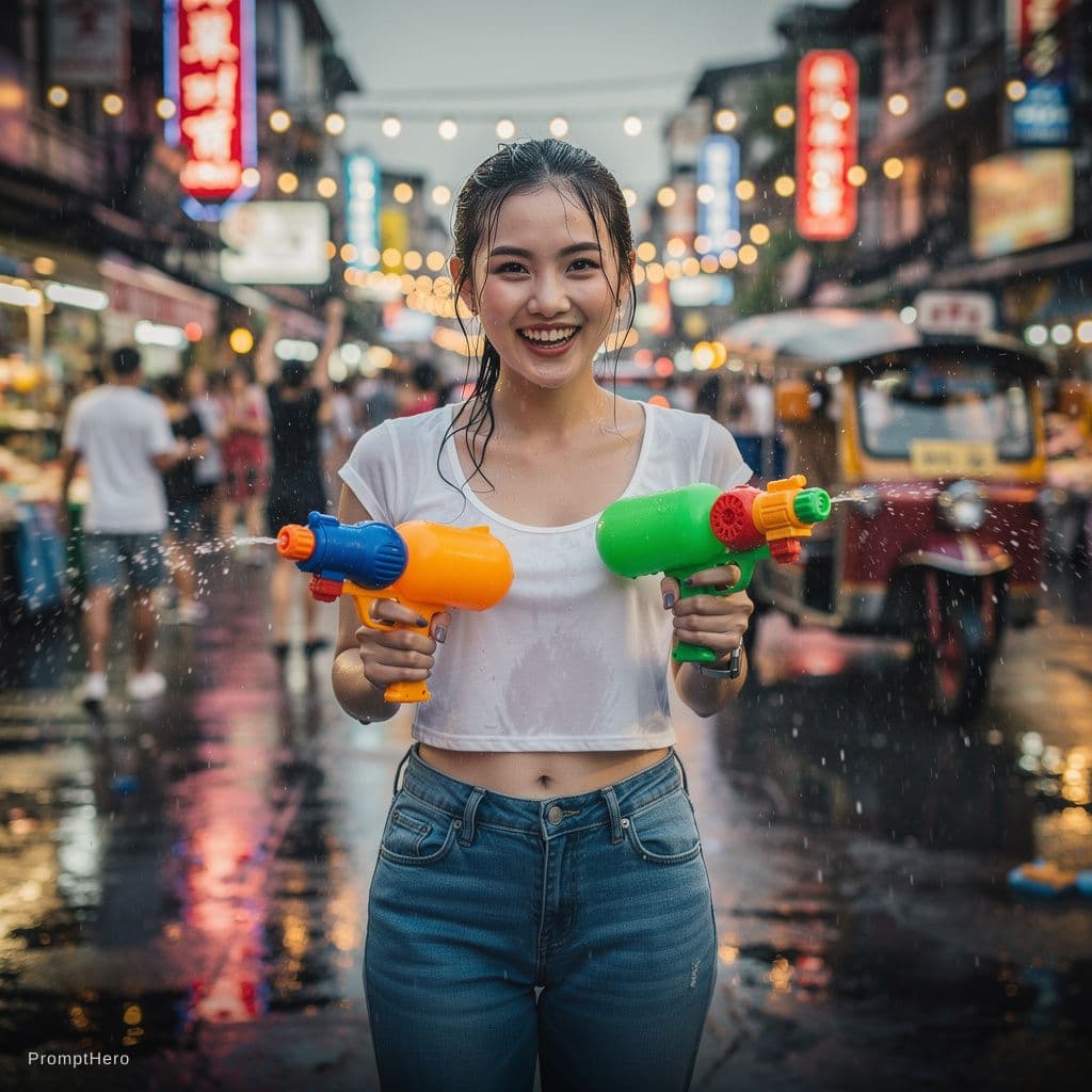 AI generated: a Thai girl wearing a cropped top and jeans standing in front of the street of Bangkok, Celebrating ...