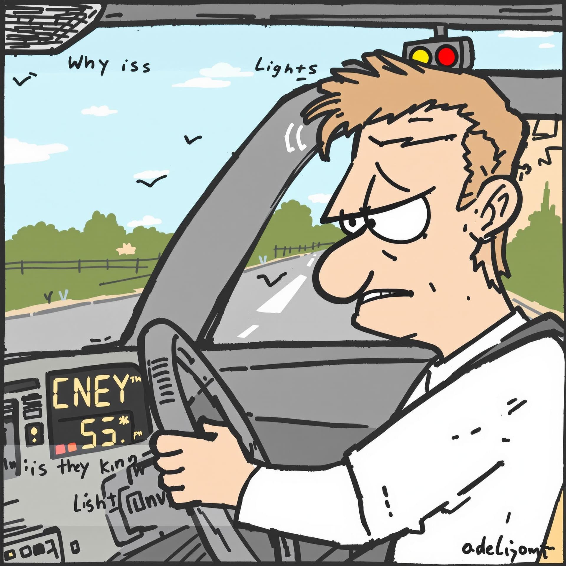 AI generated: Driver: Frustrated voice "Why is this light always red? It’s like they know I’m here!"

