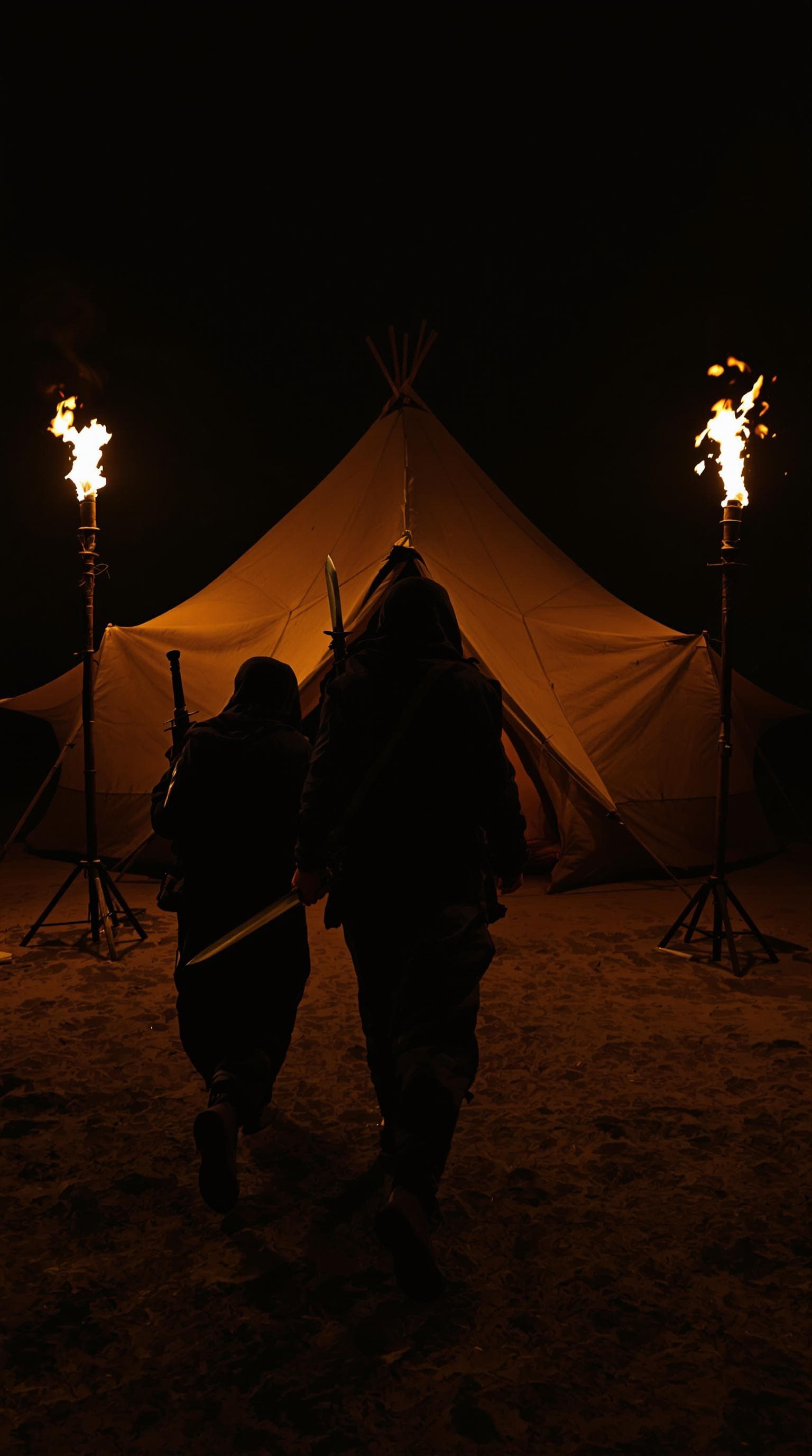 AI generated: POV first-person perspective, I make my way toward the canvas tent, the dagger clearly visible in my...