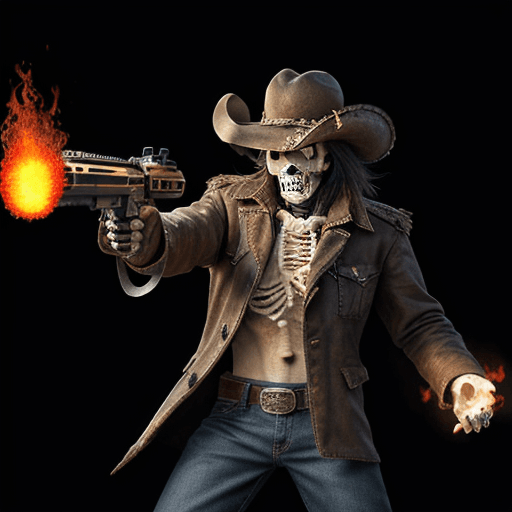 AI generated: A flaming skeleton pointing a gun forward, cowboy clothes, glowing eyes,