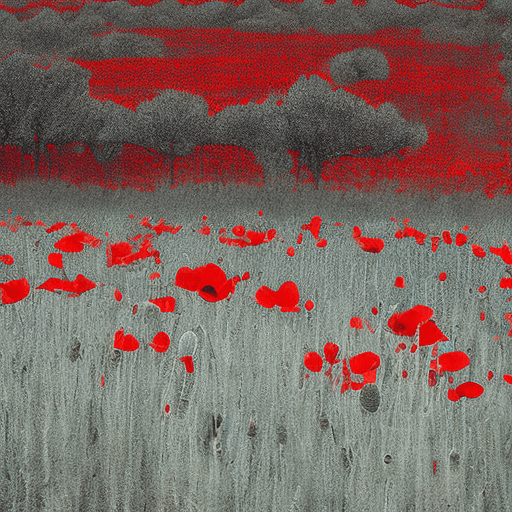 AI generated: A dream of really red poppy field with trees looking like a line drawing